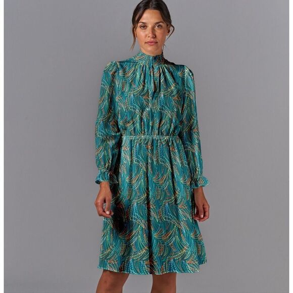 Tucker Stella Dress Emerald Retro Geo in Stretch Charmeuse Silk Mock Neck - Picture 1 of 2